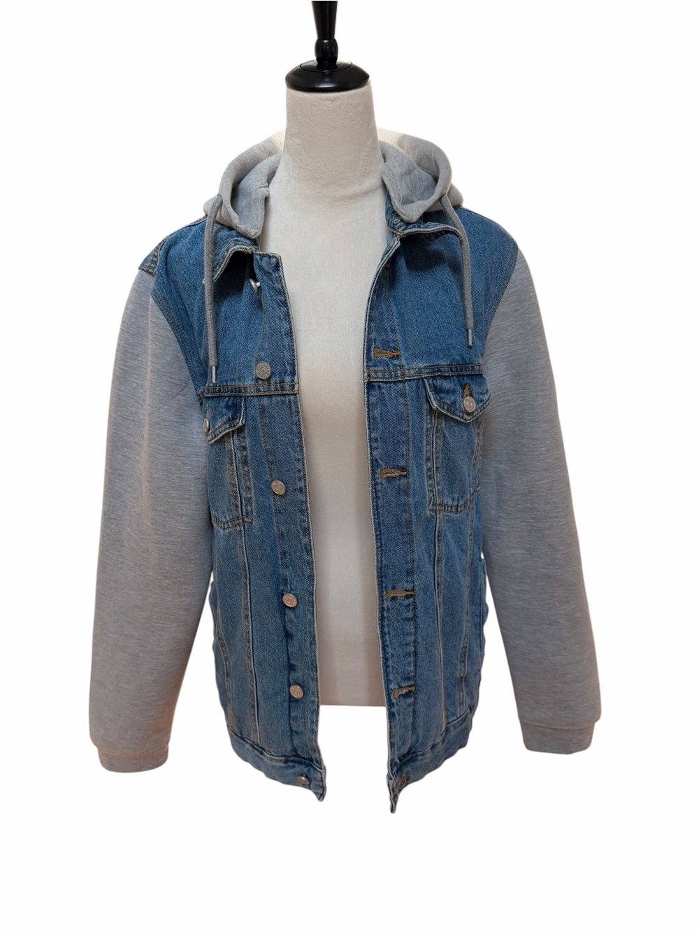 Pull&Bear Men’s Large Blue Denim Jacket with Gray Sweatshirt Hood and Sleeves